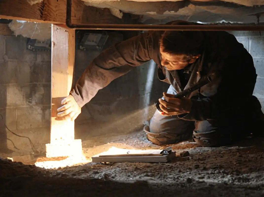 A professional inspecting wooden beams under the floor of a structure in Fort Collins, CO