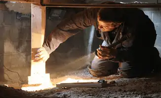 A professional inspecting wooden beams under the floor of a structure in Fort Collins, CO